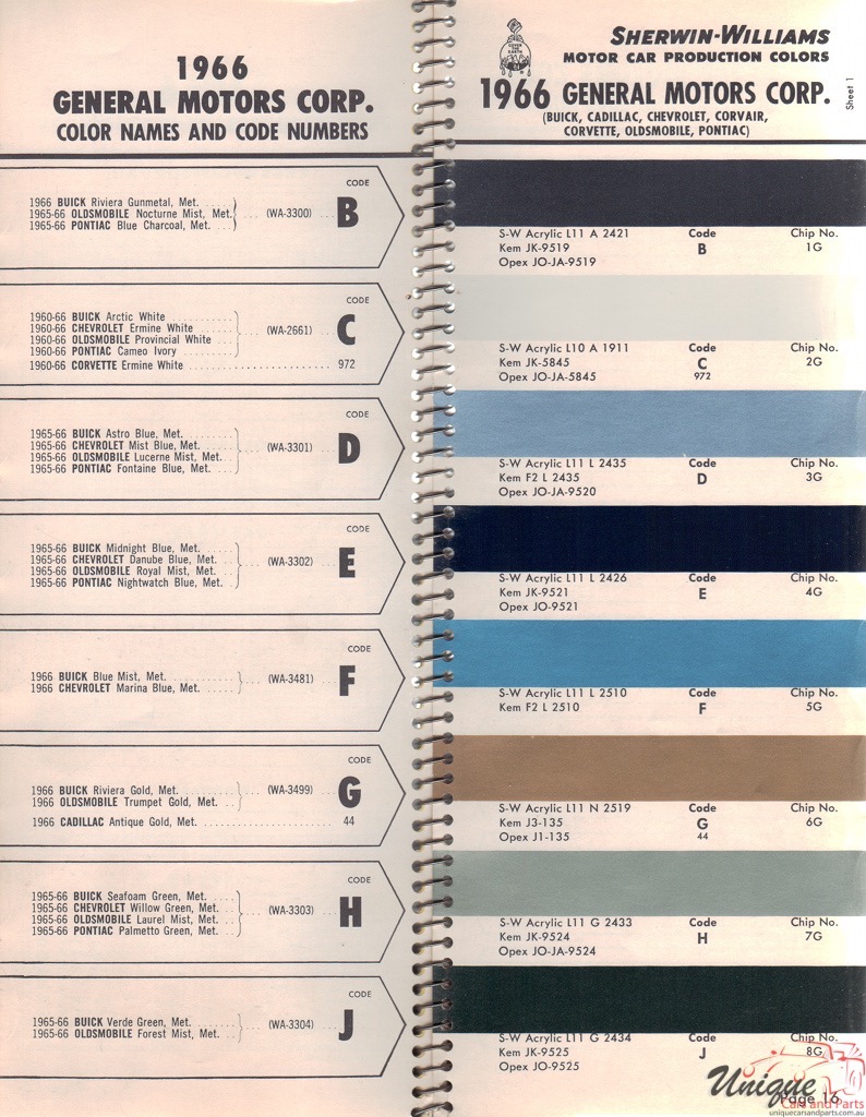 1966 General Motors Paint Charts Williams 1